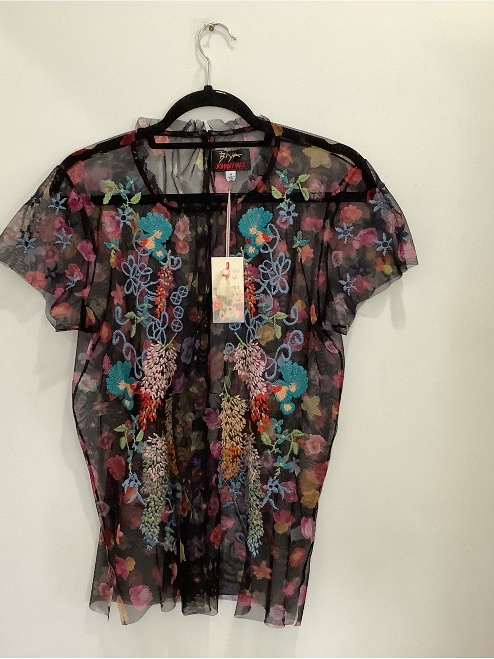 Johnny Was Black Sheer Embroidered Floral Blouse Sz Med